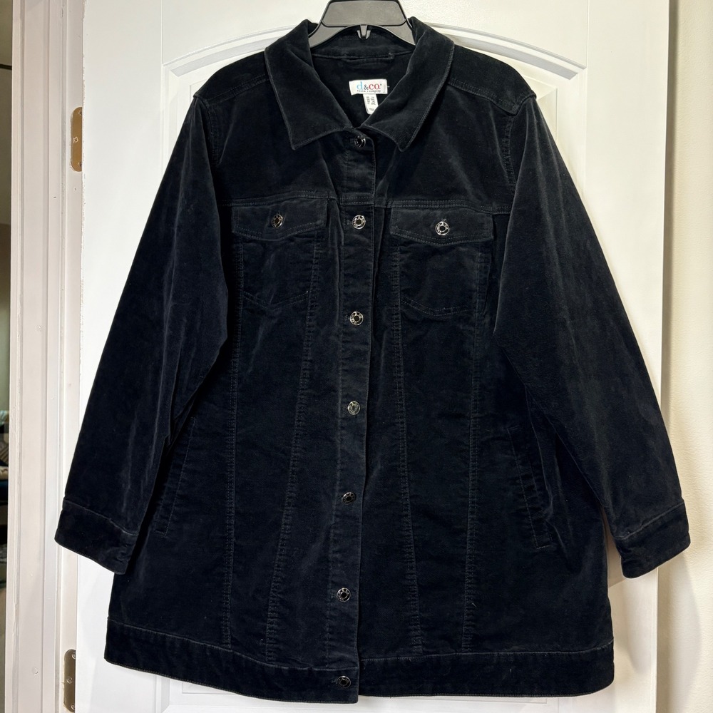 Denim & Co. Corduroy Jacket Women 1X Black Button Front Longline A623550